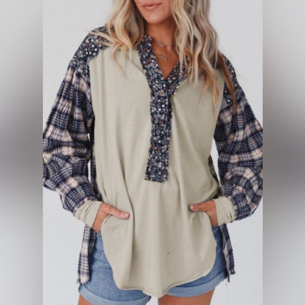 Patchwork Khaki with Blue Floral & Plaid Mixed Print Bishop Sleeve Top